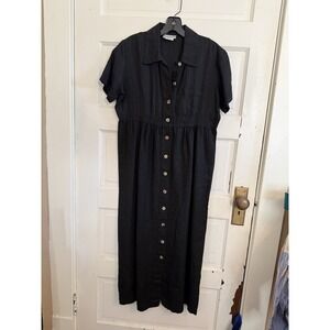 VTG‎ MATCH Women's Black Linen Dress Size Small-Empire Waist-Buttons-Made In USA